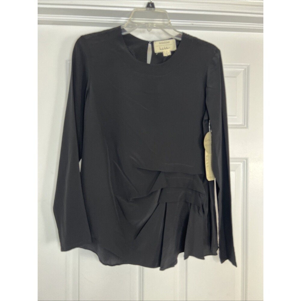 Nicole Miller 100% Silk Blouse S Black Long Sleeve Pleated Career Artelier New - Picture 1 of 13